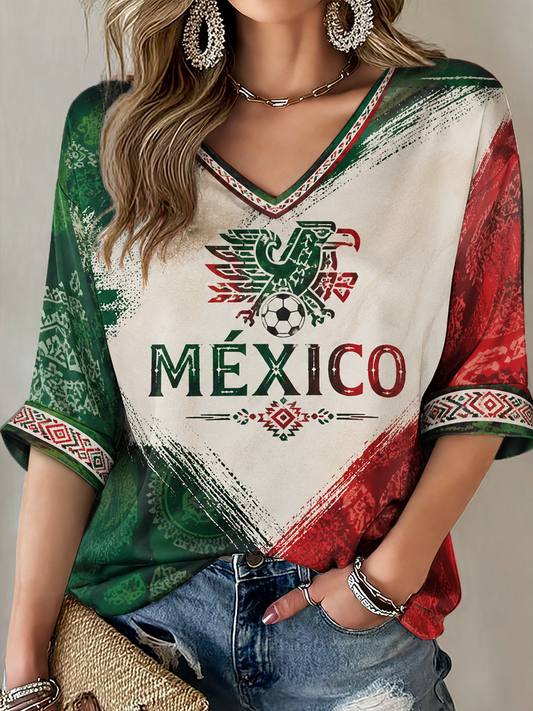 Women's Mexico Proud Art Printed Mid-length Sleeves V-Neck T-Shirt