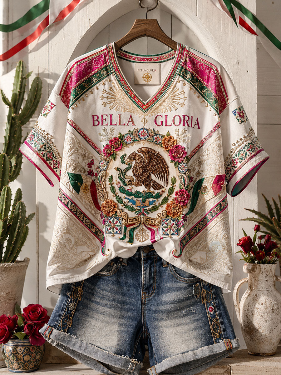 Women's Mexico Pride Art Printed Linen T-shirt