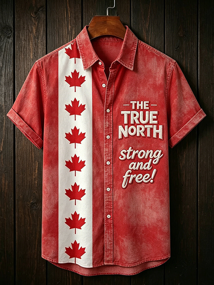 Men's Vintage Canada Day Pattern Stand Collar Short Sleeve Shirt