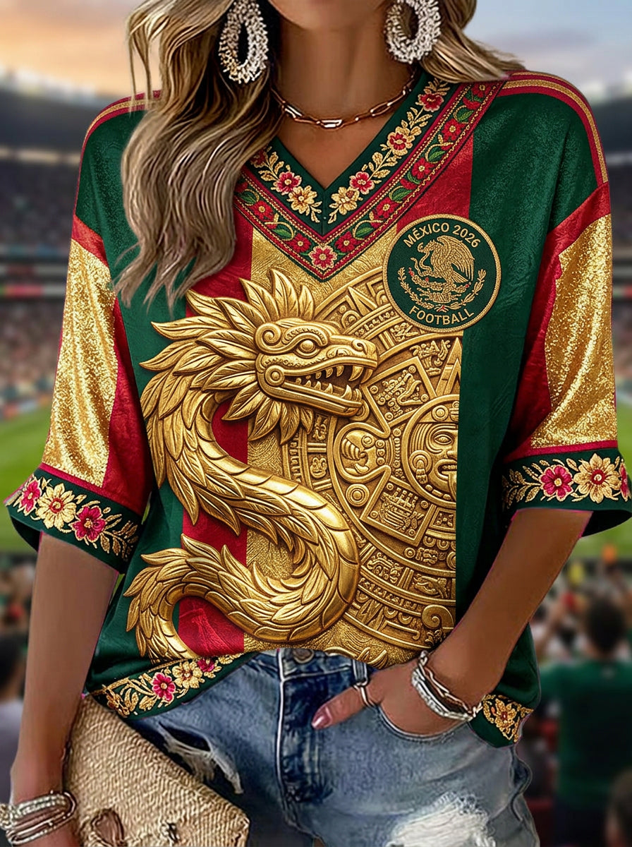 Women's Mexican Football Fan Casual Printed T-shirt