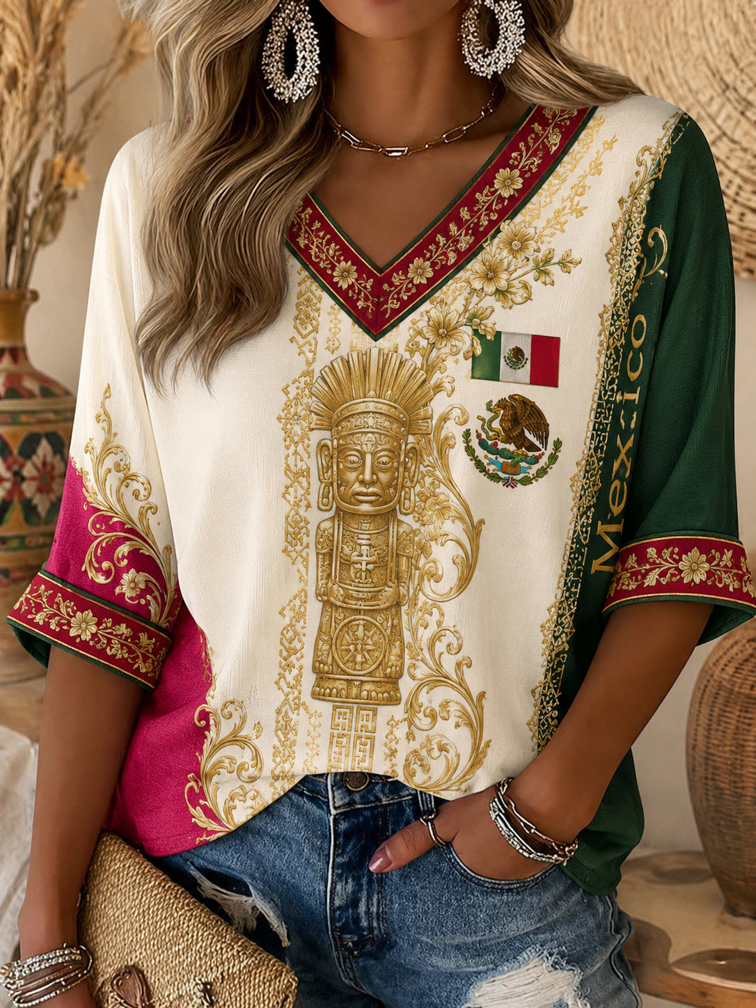 Women's Mexican Football Match Cheering Element Art Print V-Neck Top