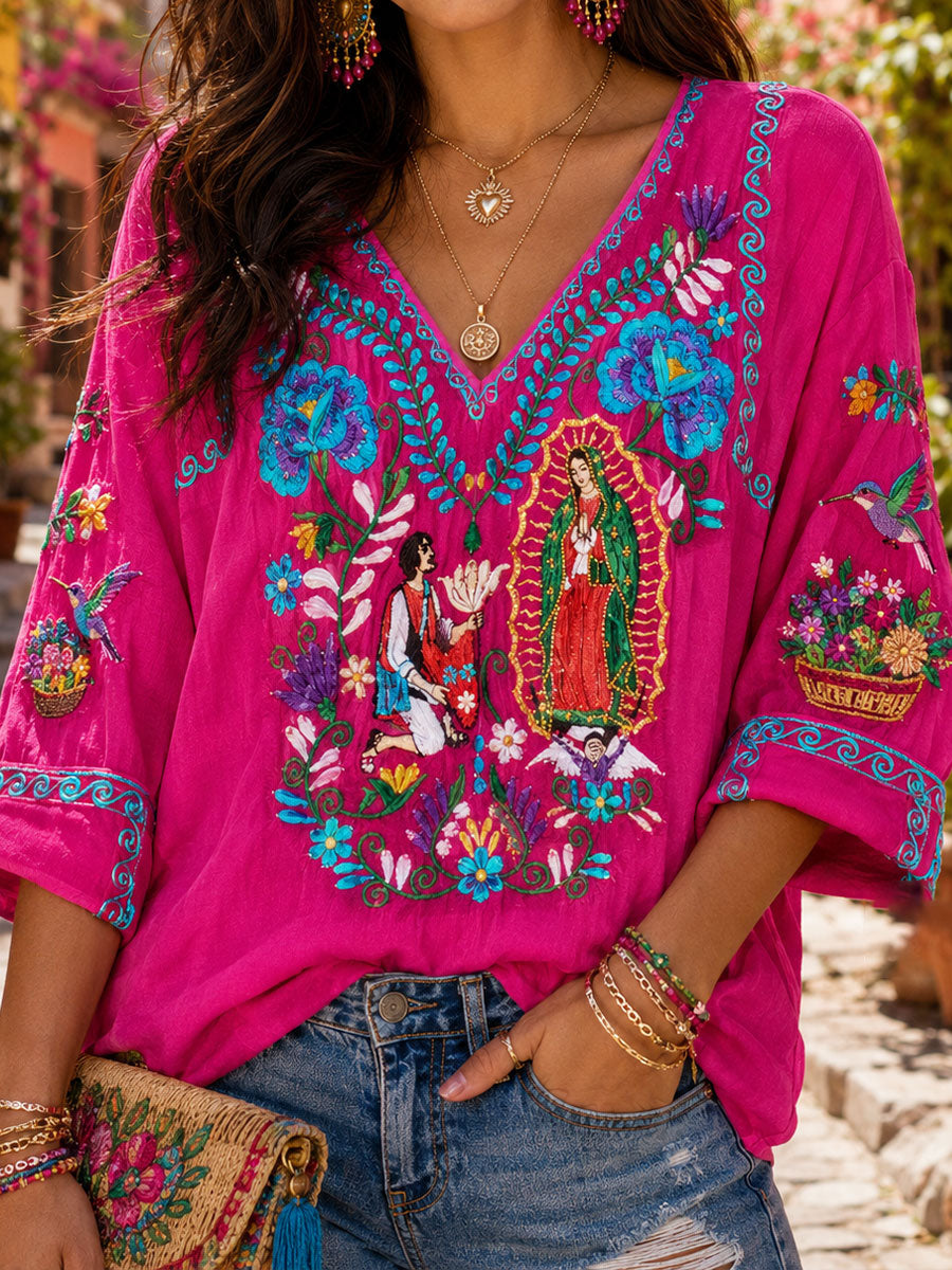 Women's Mexico Guelaguetza Art Printed Linen T-shirt