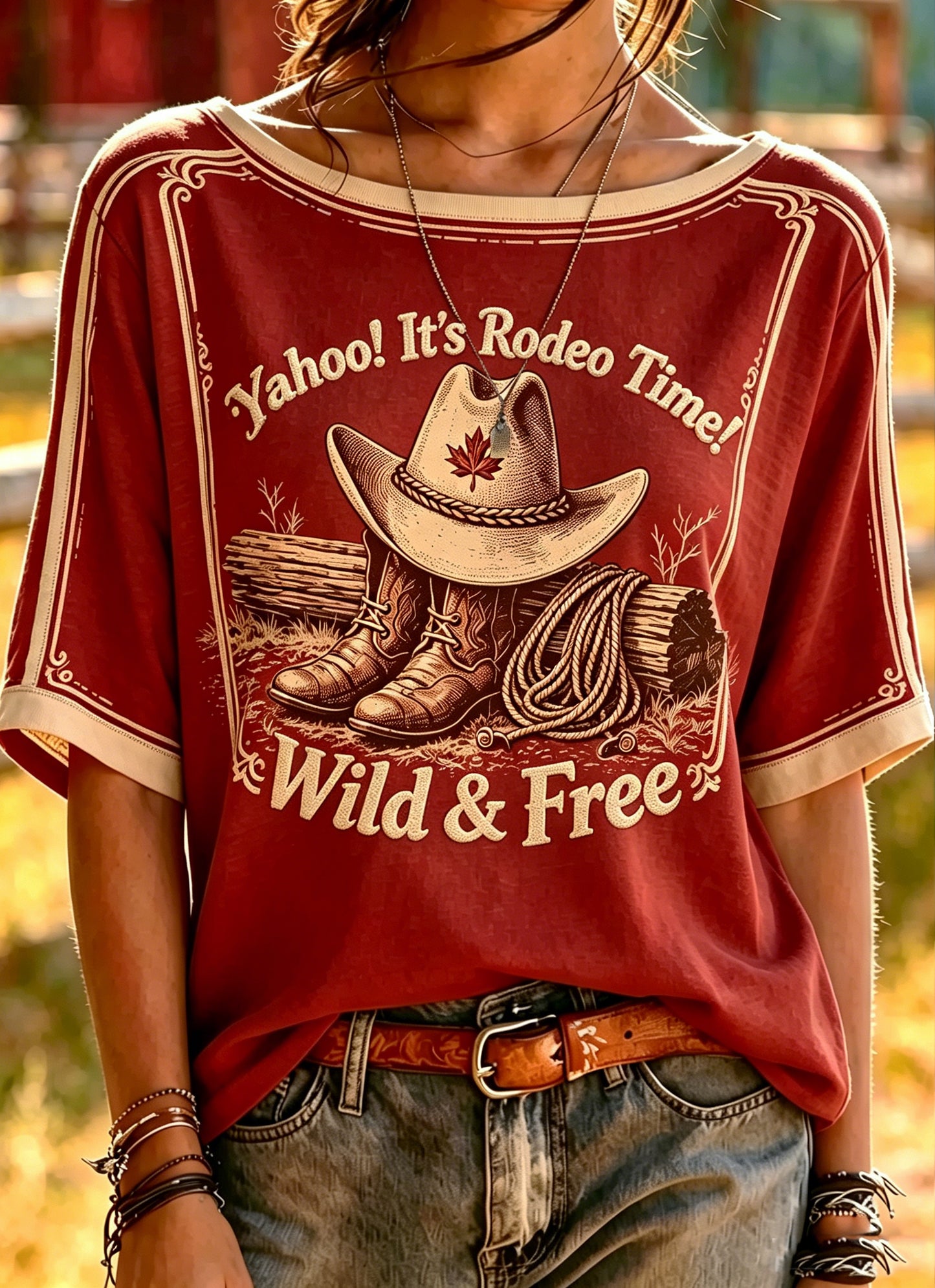 Women's Retro Calgary Stampede Printed Vintage Fashion Loose Short Sleeve T-Shirt
