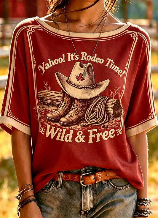 Women's Retro Calgary Stampede Printed Vintage Fashion Loose Short Sleeve T-Shirt