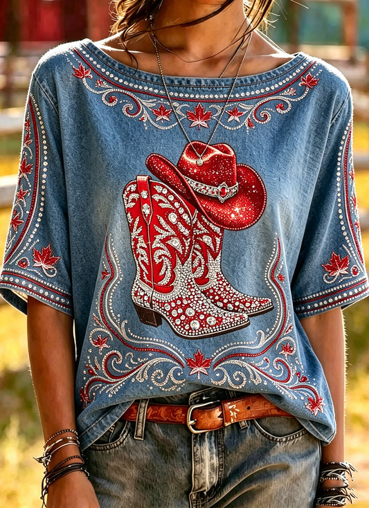 Women's Retro Calgary Stampede Printed Vintage Fashion Loose Short Sleeve T-Shirt