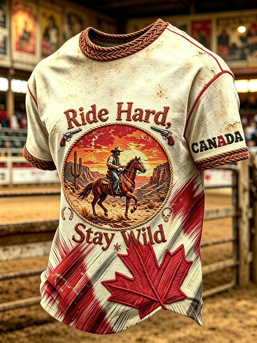 Men's Calgary Stampede Printed Vintage Fashion Loose Short Sleeve T-Shirt