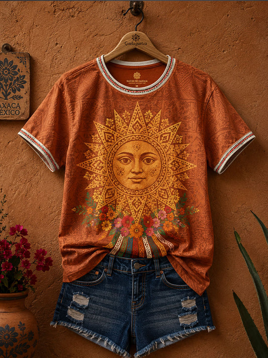 Women's Mexico Guelaguetza Clay Sun Faces Art Printed Linen T-shirt
