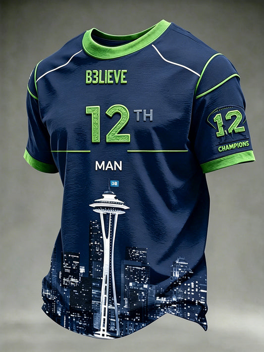 Men's Rugby Seattle Printed Vintage Fashion Loose Short Sleeve T-Shirt