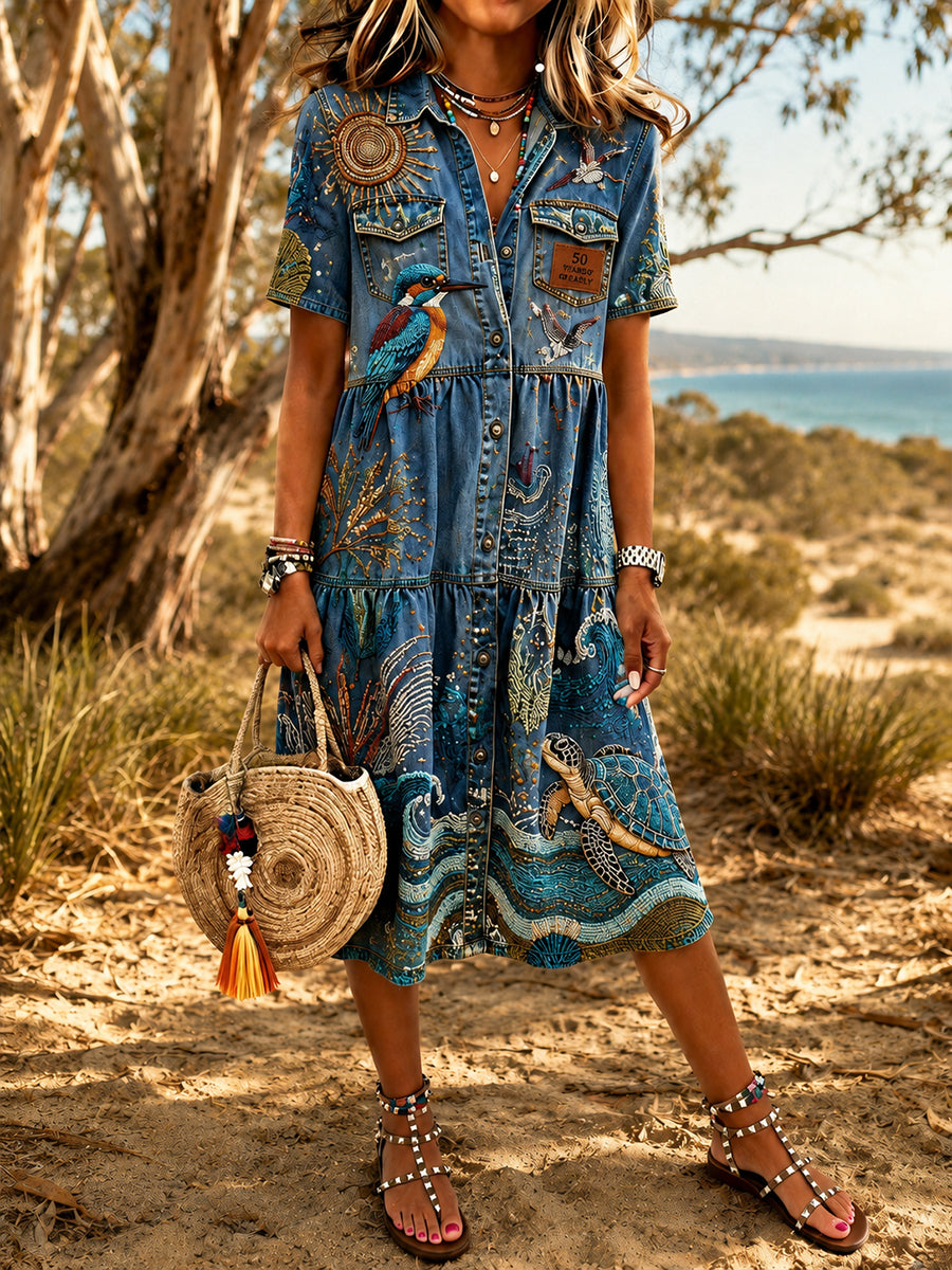 Women's Vintage Australian Ethnic Art Print Casual Dress