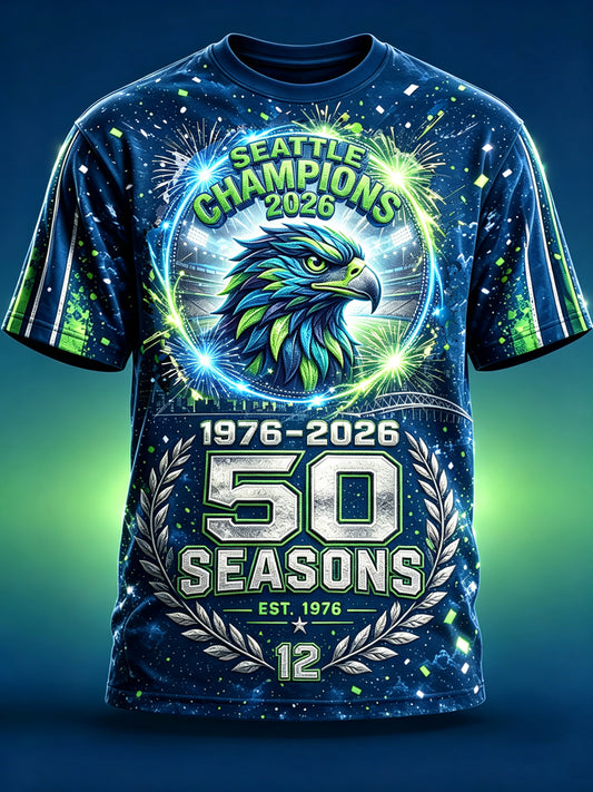 Men's Seattle Football Printed Vintage Fashion Loose Short Sleeve T-Shirt
