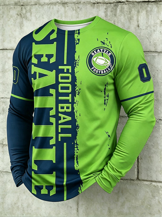 Men's Seattle Football Printed Long Sleeved Round Neck T-shirt