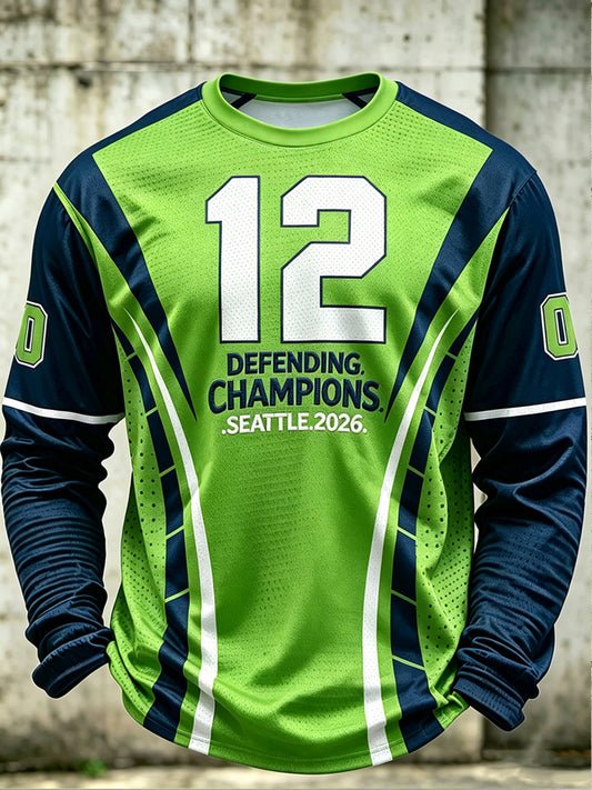 Men's Seattle Football Printed Waffle Long Sleeved Round Neck Sweatshirt