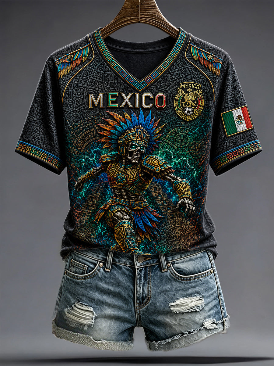 Women's Mexico Yaotl Mictlan Art Independence Day Printed T-shirt