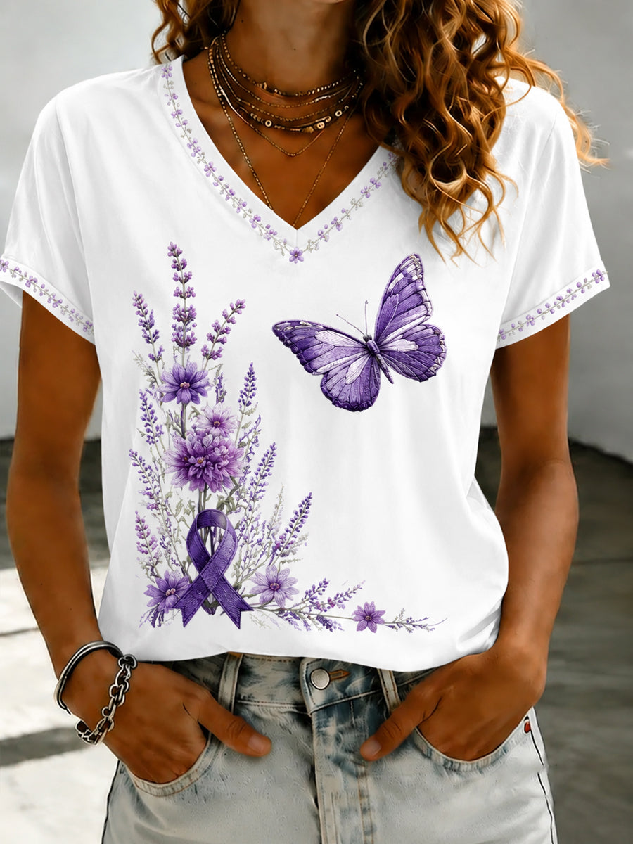 Women's Purple Flora Art Printed V-neck T-shirt