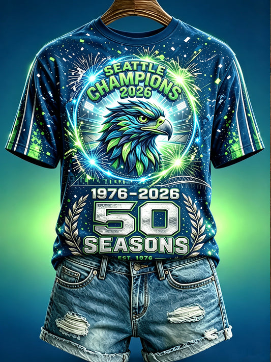 Women's Seattle Rugby Printed Vintage Fashion Loose Short Sleeve T-Shirt