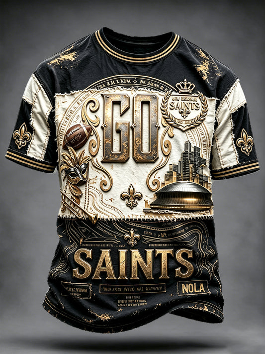 Men’s Retro Patchwork New Orleans Saints Football Print Casual T-shirt