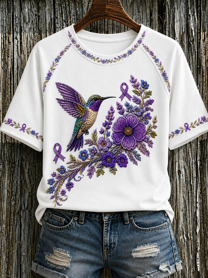Women's Purple Floral & Hummingbird Print Alzheimer's Awareness Support Tee