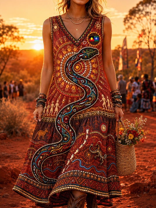 Women's Australian NAIDOC Week  Vintage Short Sleeve V-Neck Dress