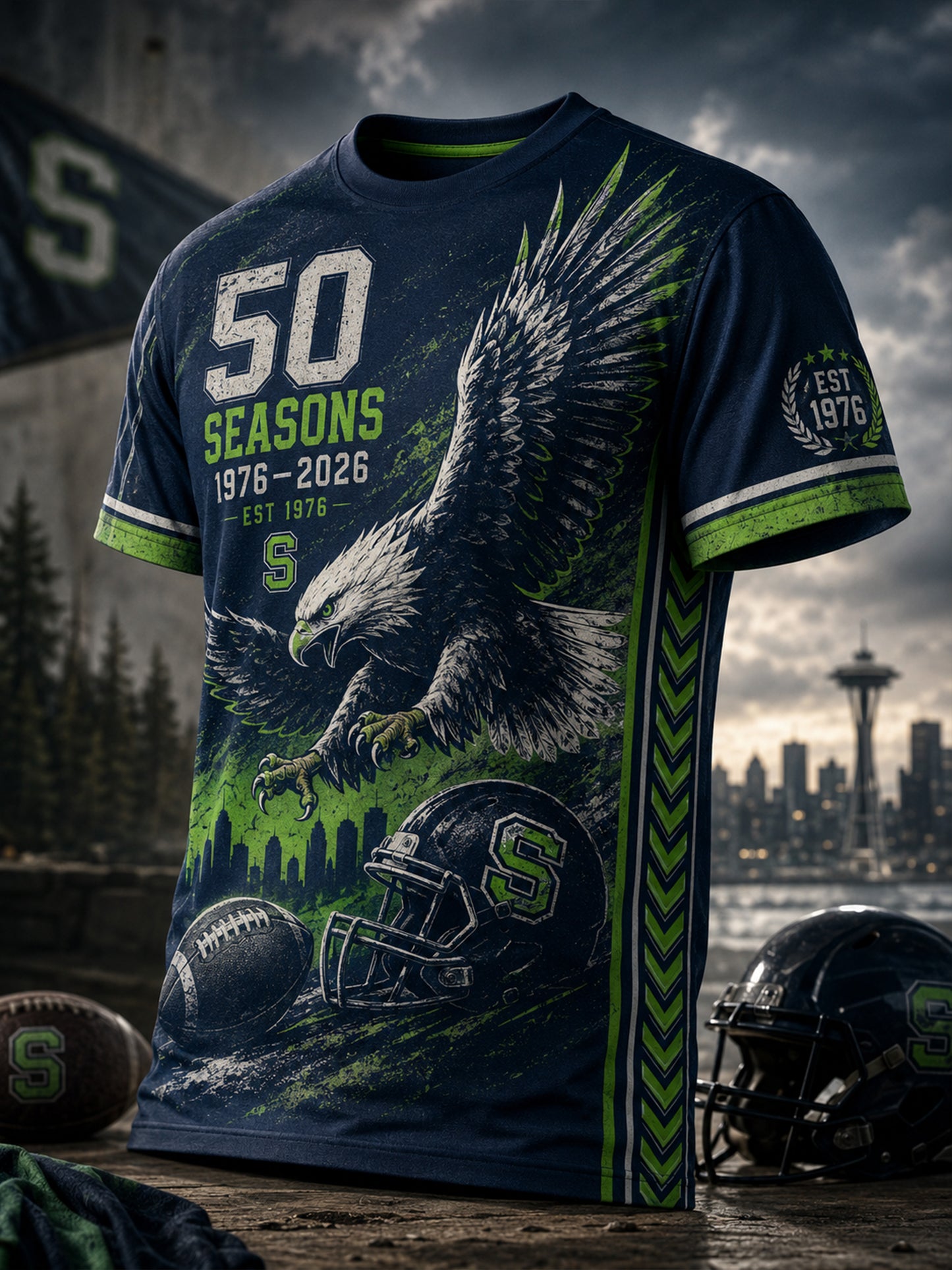 Men's Seattle Seahawks 50th Anniversary Art Print Short-Sleeve T-Shirt