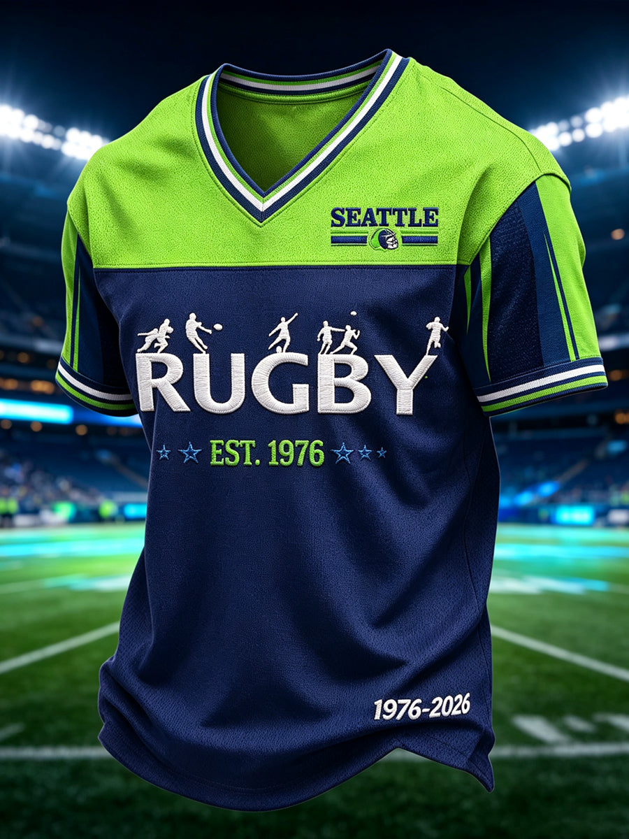 Men's Seattle Rugby Printed Vintage Fashion Loose Short Sleeve T-Shirt