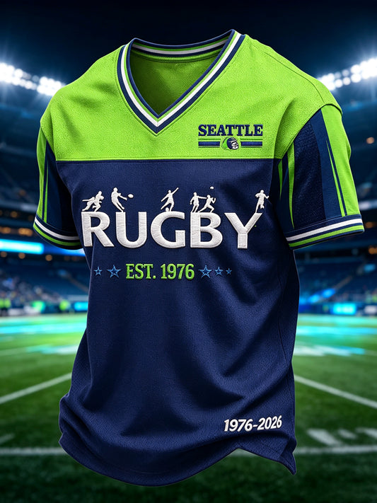 Men's Seattle Rugby Printed Vintage Fashion Loose Short Sleeve T-Shirt