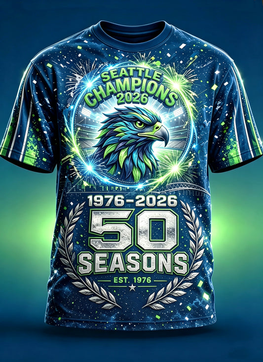 Men's Seattle Football Printed Vintage Fashion Loose Short Sleeve T-Shirt