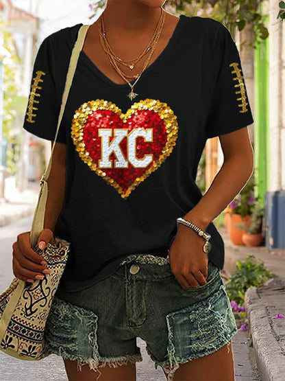 Women's Red Kingdom Football Printed V-neck T-Shirt