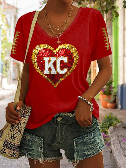 Women's Red Kingdom Football Printed V-neck T-Shirt