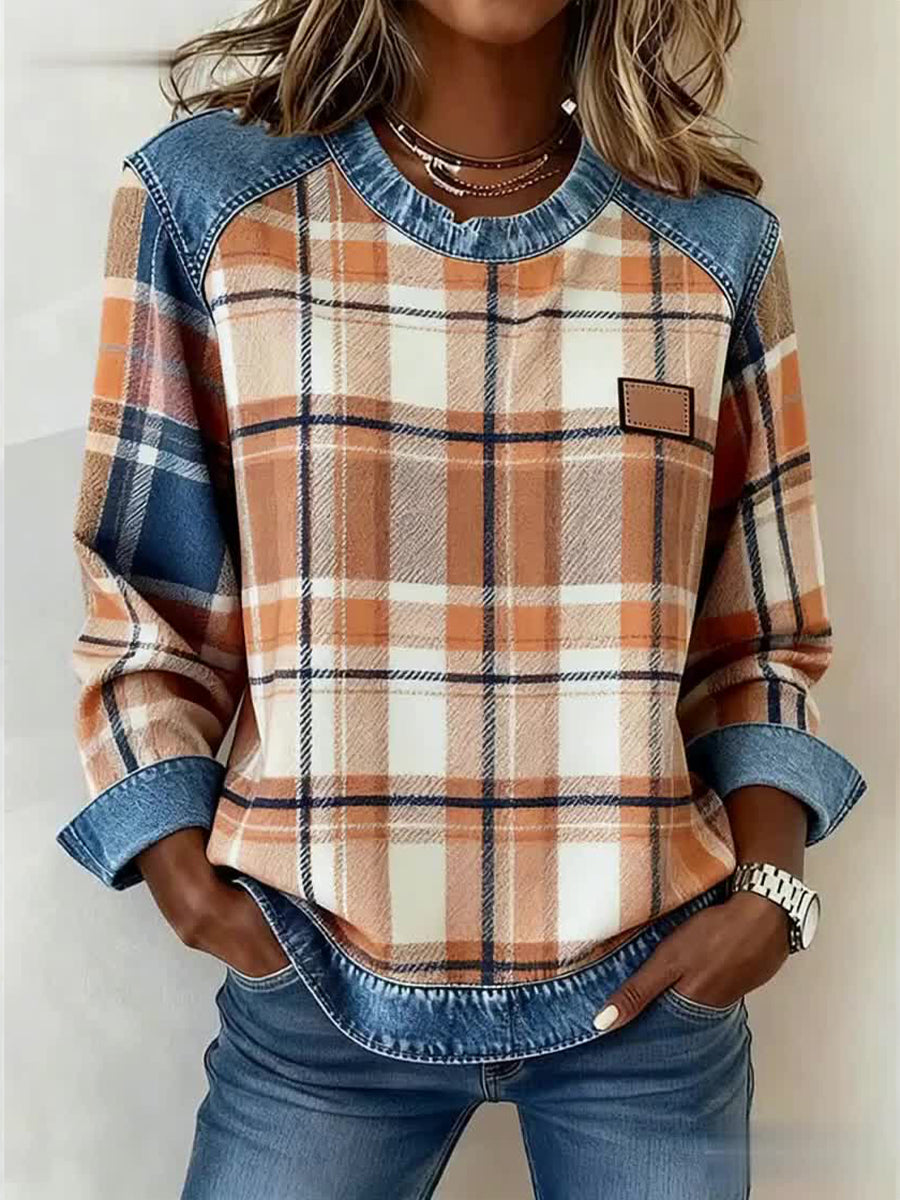 Women's Vintage Plaid Print Patchwork Art Sweatshirt