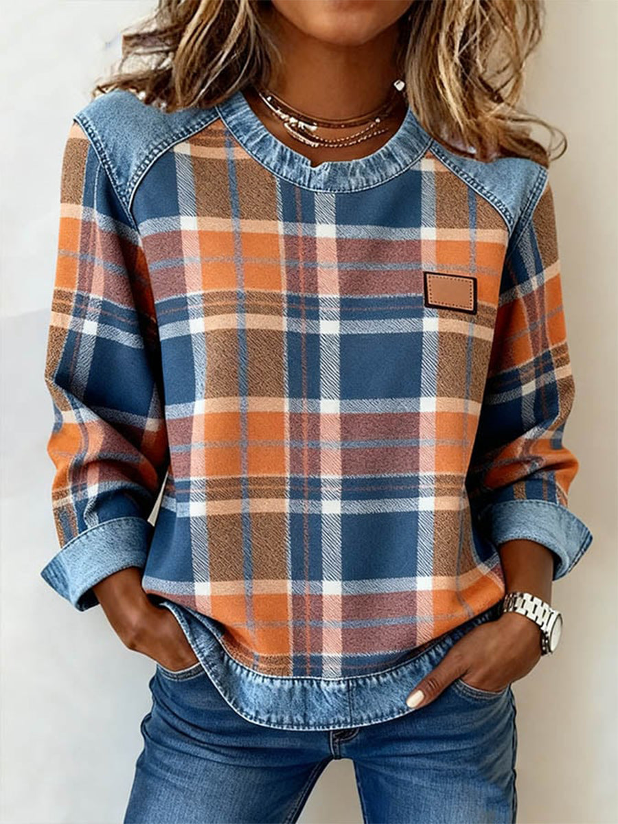 Women's Vintage Plaid Print Patchwork Art Sweatshirt