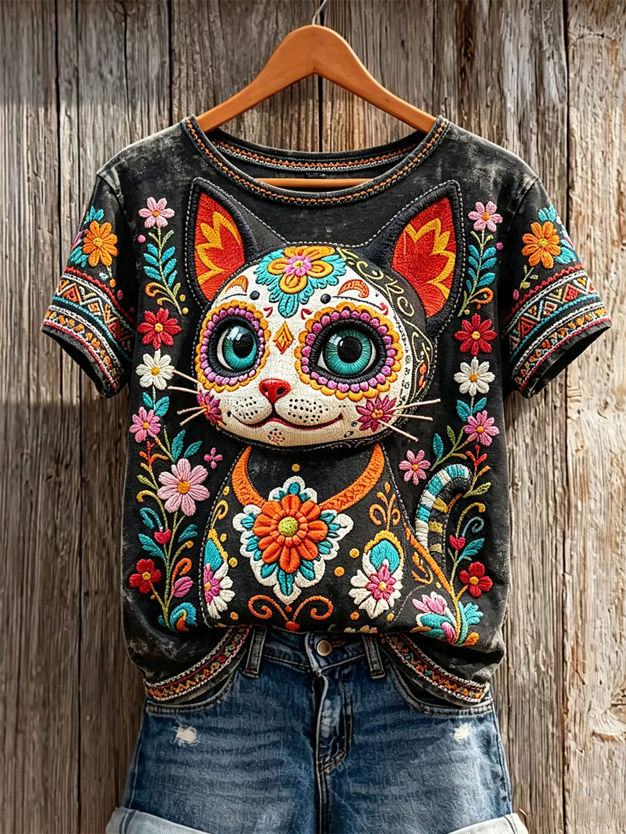 Women's Day of the Dead Cat Sugar Skull Mexican Floral Print short-sleeved T-shirt