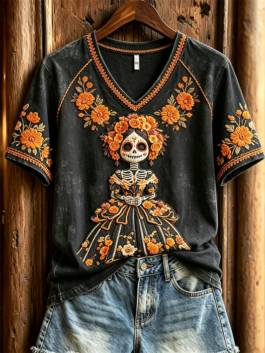 Women's Day of the Dead Sugar Skull Lady Mexican Marigolds Floral Print short-sleeved T-shirt