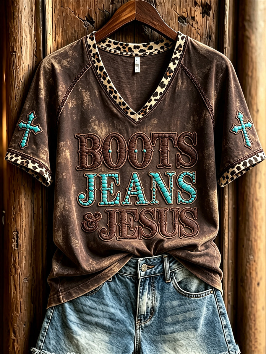 Women's Vintage Boots Jeans & Jesus Western Cross Leopard Print short-sleeved T-shirt