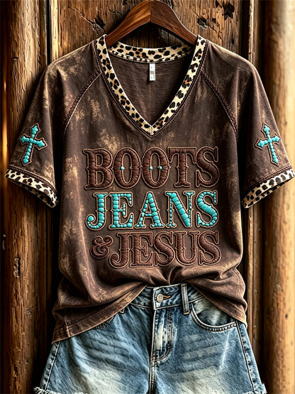 Women's Vintage Boots Jeans & Jesus Western Cross Leopard Print short-sleeved T-shirt