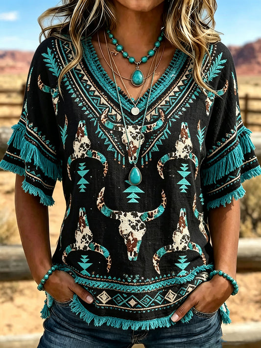 Women's Western-style Pattern Printed Cotton-Linen Shirt