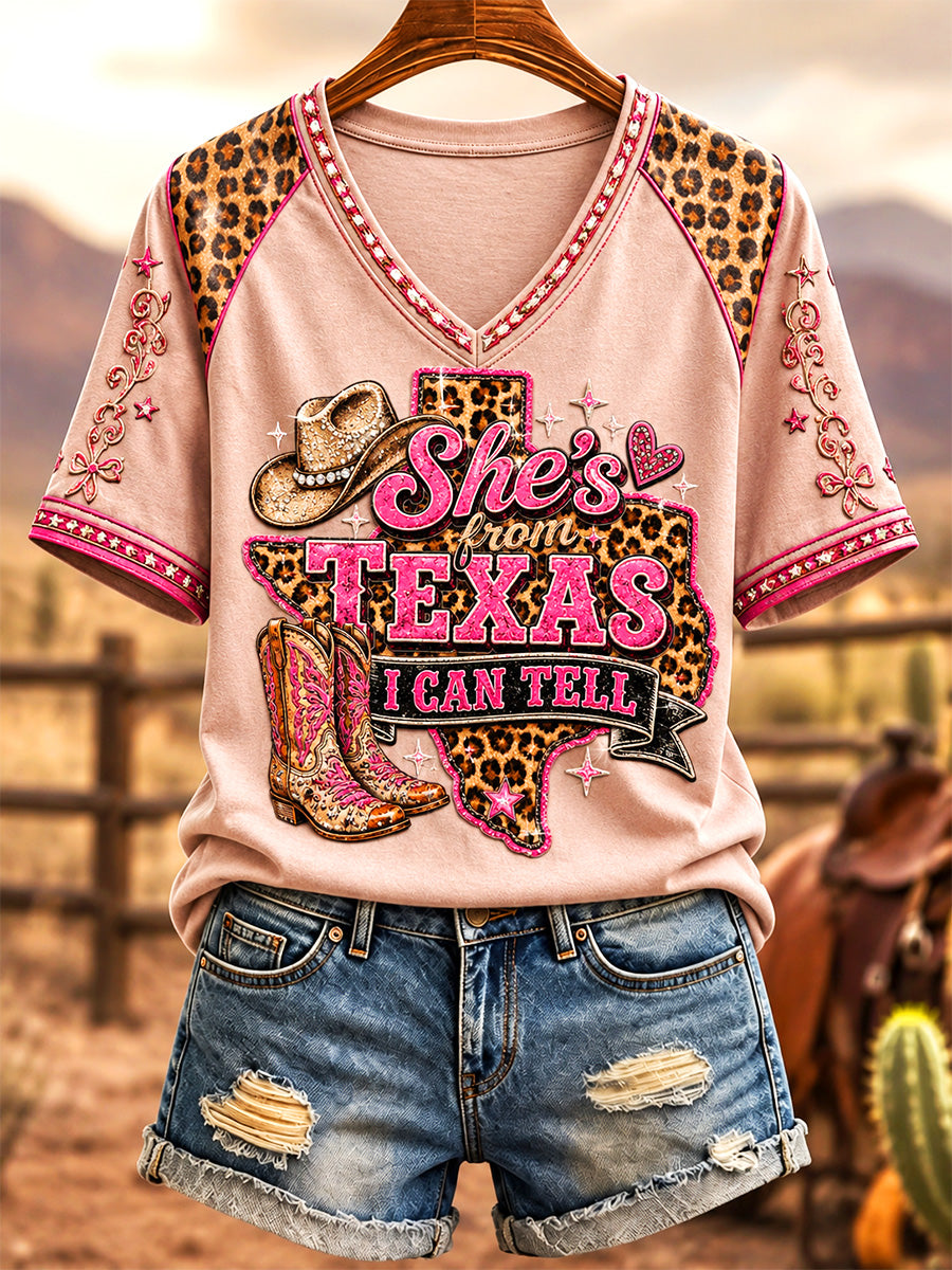 Women's She's From Texas I Can Tell Print Casual V-Neck Tee