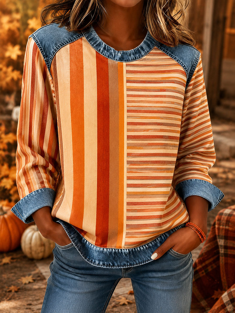 Women's Fall Plaid Print Denim Patchwork Top