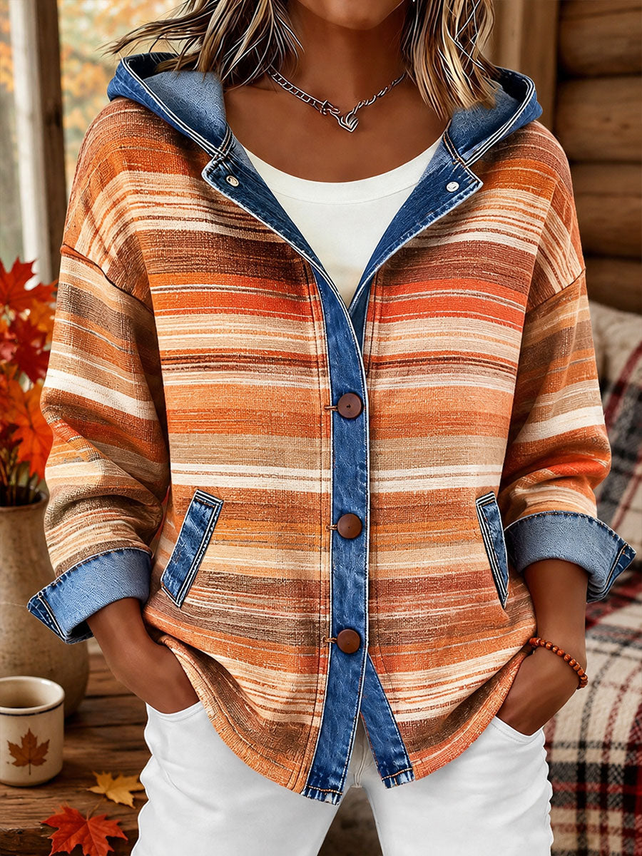 Women's Fall Plaid Print Denim Patchwork Hooded Cardigan