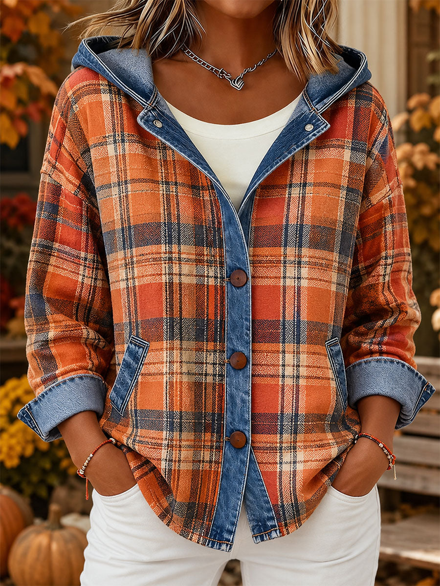 Women's Fall Plaid Print Denim Patchwork Hooded Cardigan