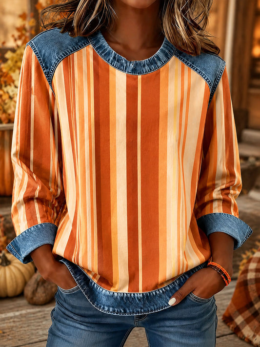 Women's Fall Plaid Print Denim Patchwork Top