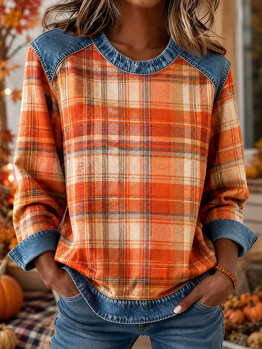 Women's Fall Plaid Print Denim Patchwork Top