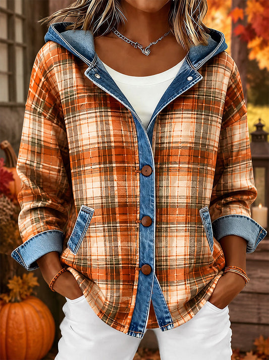 Women's Fall Plaid Print Denim Patchwork Hooded Cardigan