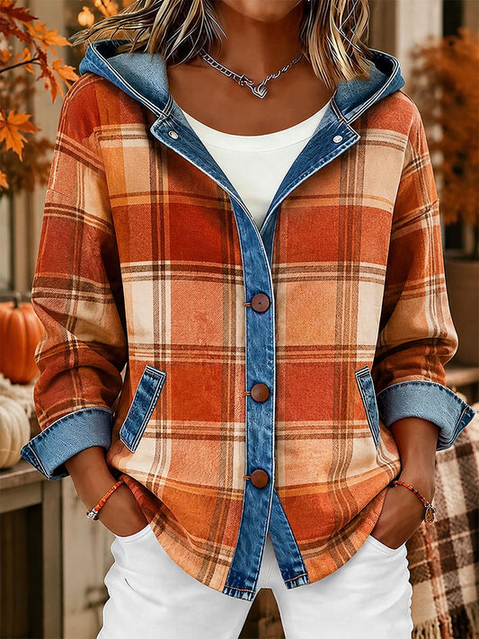 Women's Fall Plaid Print Denim Patchwork Hooded Cardigan