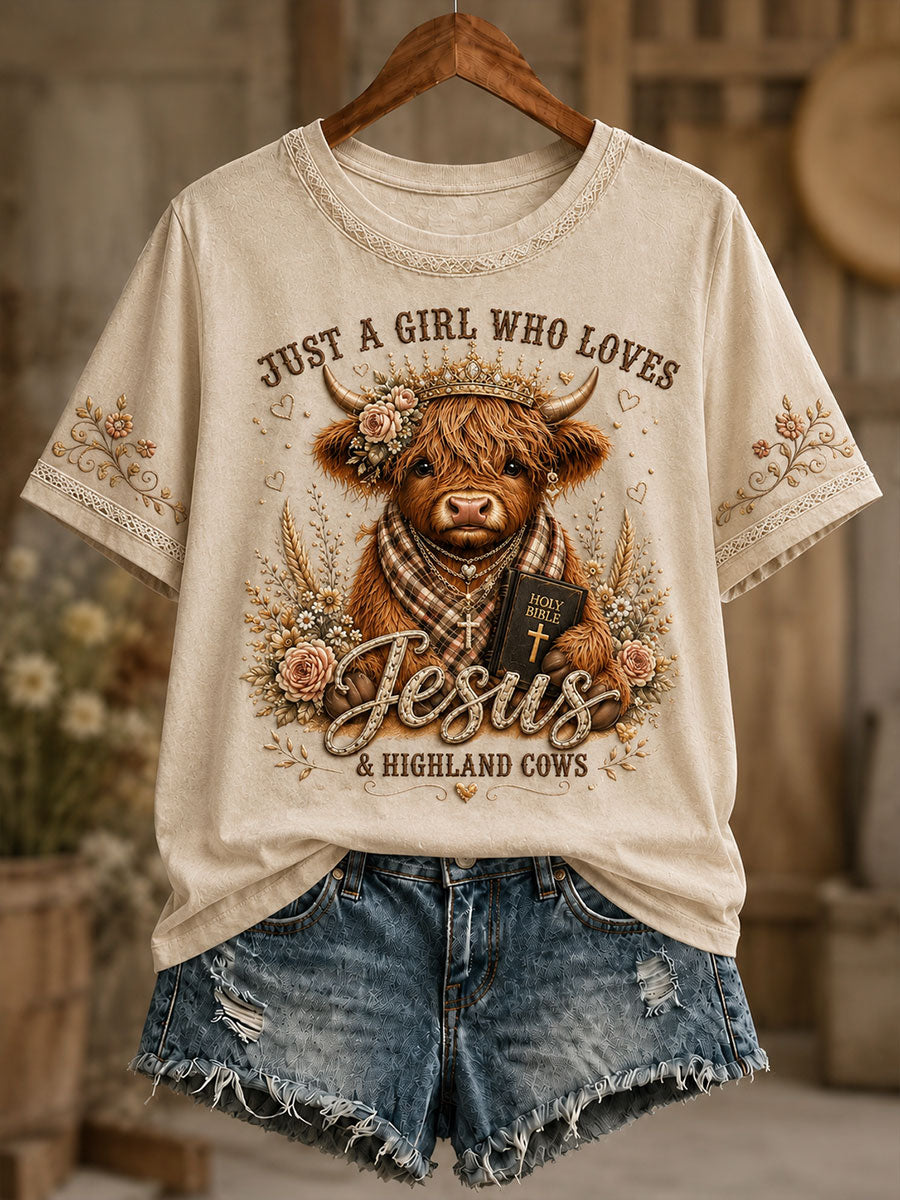 Women's Just A Girl Who Loves Jesus & Highlans Cows Short-sleeved T-shirt