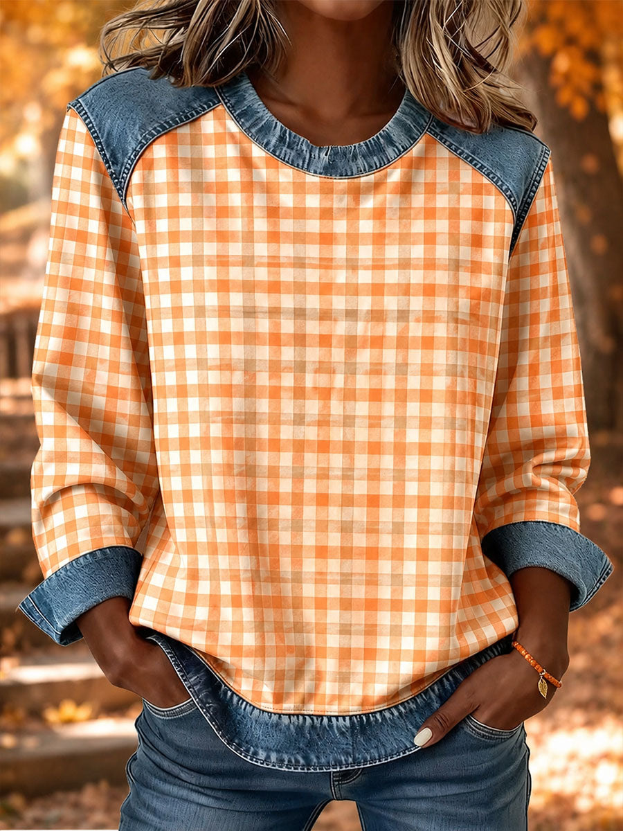 Women's Fall Plaid Print Denim Patchwork Top