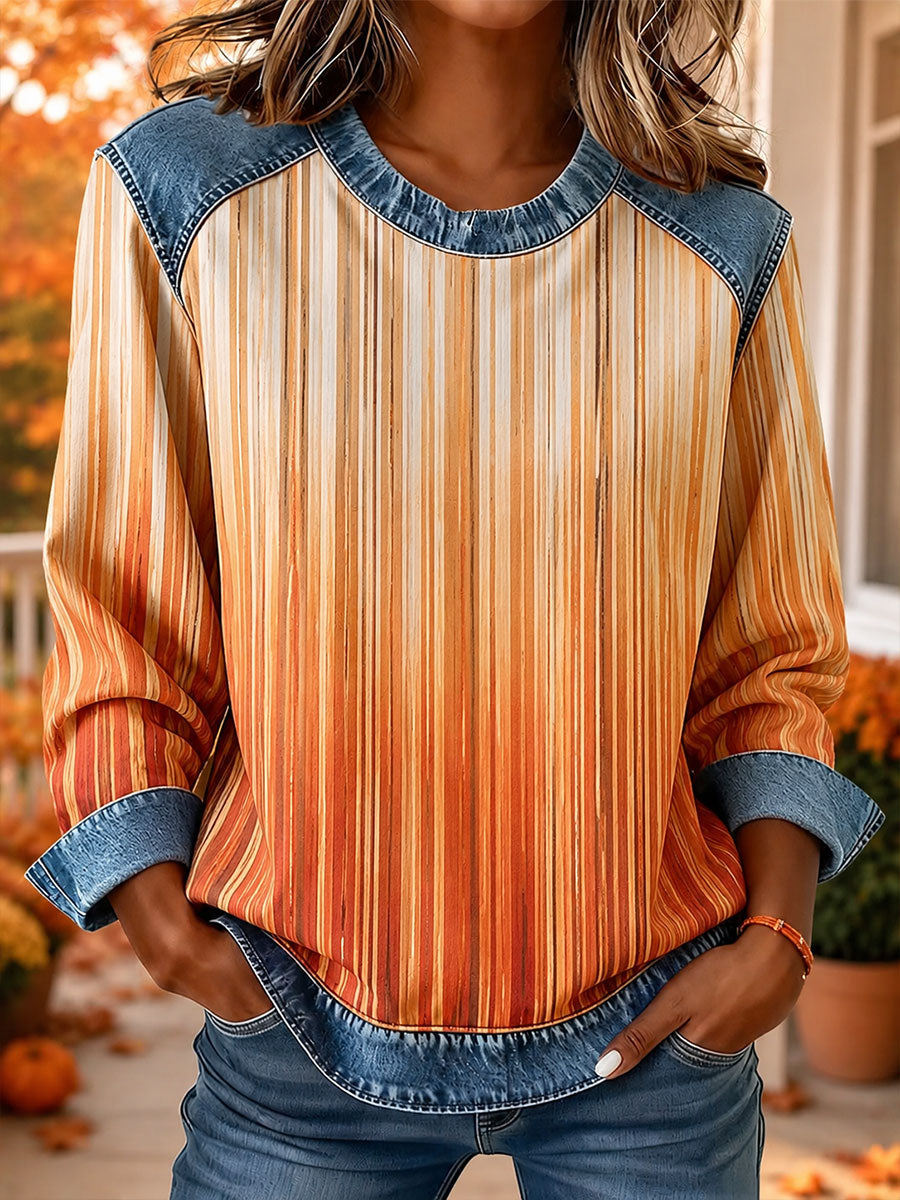 Women's Autumn Striped Print Denim-Panel Top