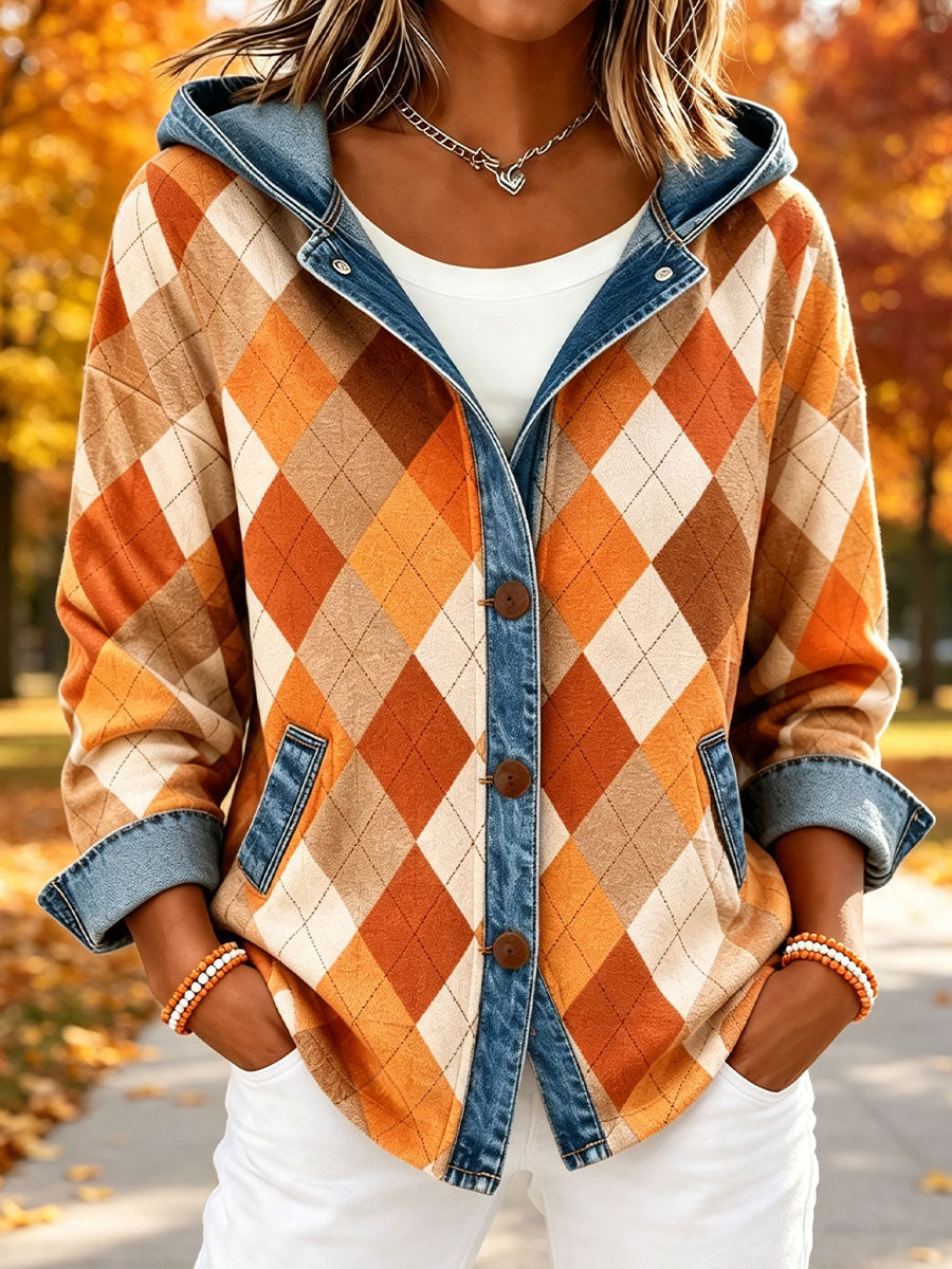 Women's Fall Plaid Print Denim Patchwork Hooded Cardigan