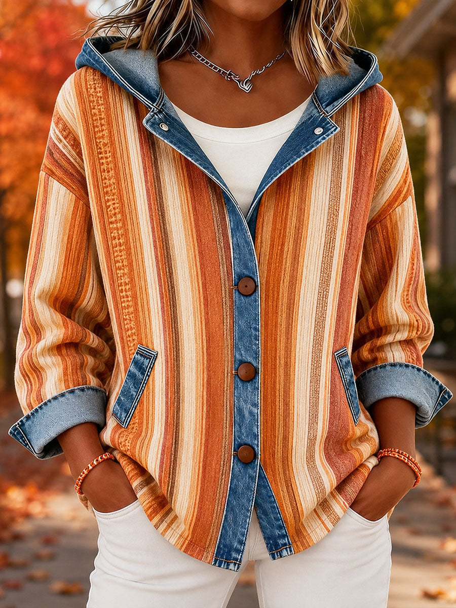 Women's Autumn Striped Print Denim-Panel Hooded Cardigan