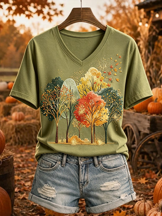 Women's Autumn Tree Print Comfy V Neck Short-sleeved T-shirt