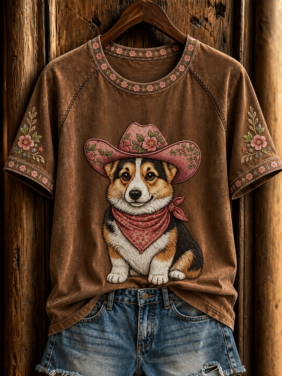 Women's Retro Western Cowboy Dog Short Sleeve T-shirt